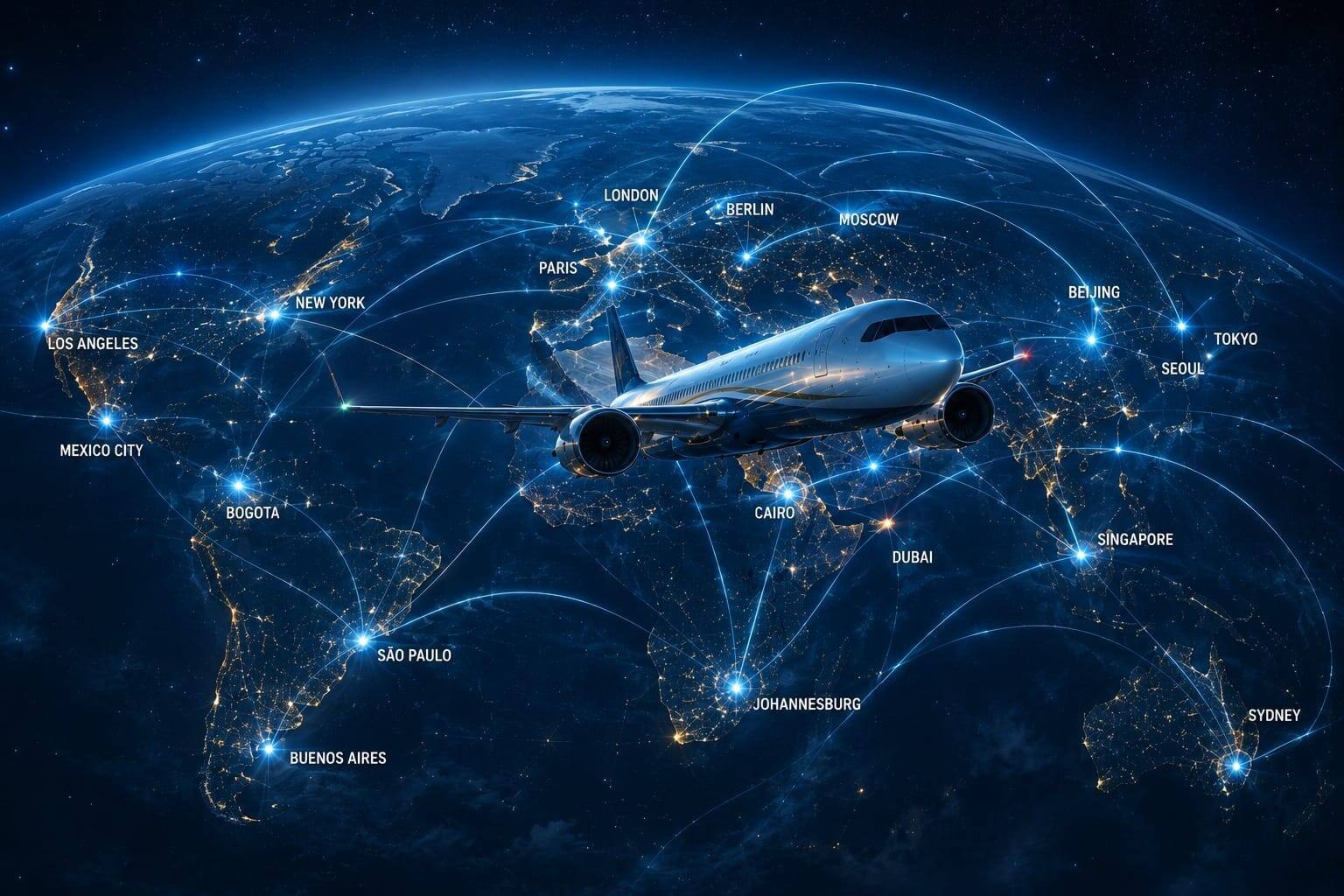 Aircraft flying across a world map with pilot markers